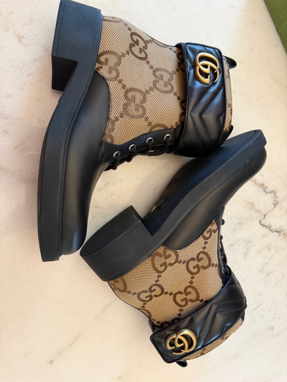 Gucci GG Canvas & Black Leather Ankle Boots with Gold GG Logo.GUCCI Luxury Boots - Picture 13 of 15